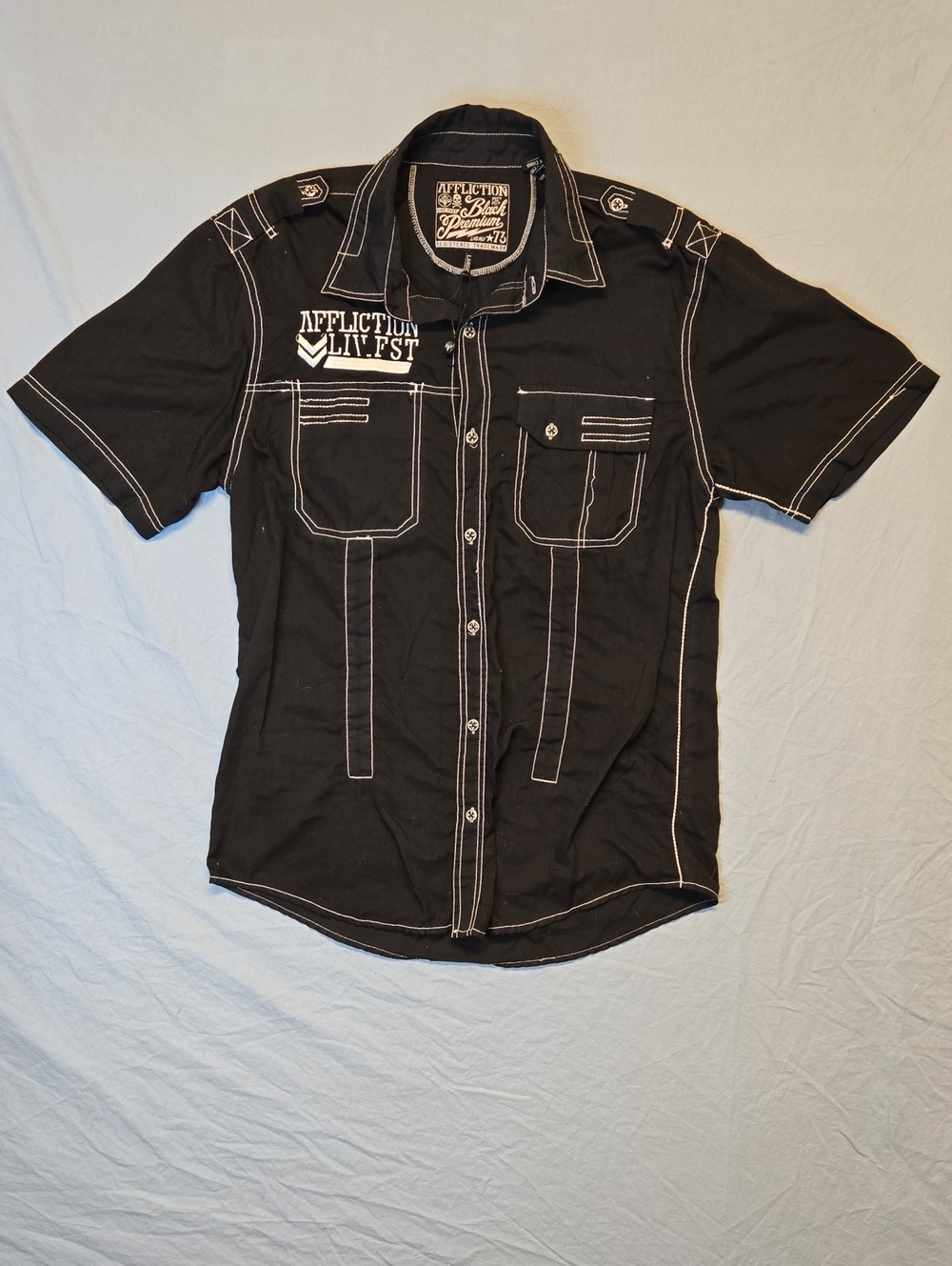 Affliction Black Short Sleeve Button Down Embroidered Spellout Logo Shirt